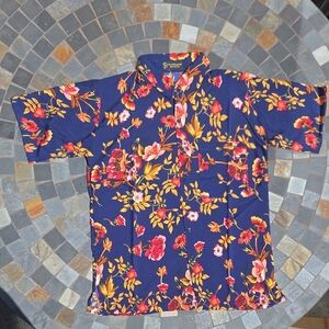 Men's Floral Short-Sleeve Shirt - Navy with Red & Yellow Flowers